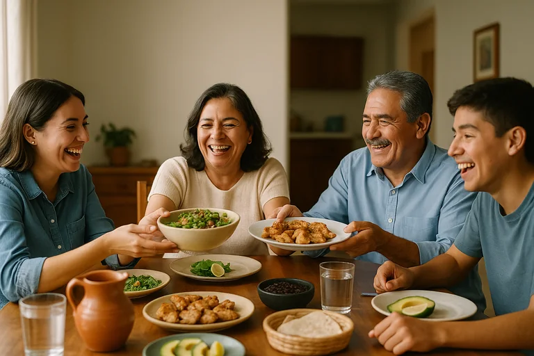 Familia mexicana en la mesa: la comida casera es parte de cómo bajar la glucosa alta