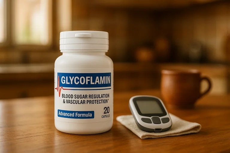 El bote de Glycoflamin cápsulas para el azúcar en la sangre sobre la mesa, junto a un glucómetro